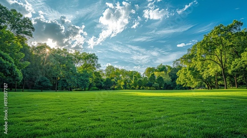 A scenic park with a wide expanse of green grass, ideal for relaxation, picnics, and outdoor activities.