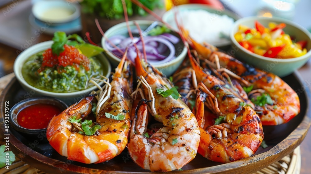 A seafood feast featuring grilled prawns, presented with a variety of dipping sauces and fresh vegetables. A seafood feast featuring grilled prawns, presented with a variety of dipping sauces and fresh vegetables.