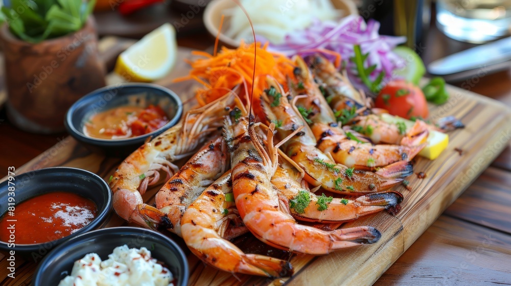 A seafood feast featuring grilled prawns, presented with a variety of dipping sauces and fresh vegetables.