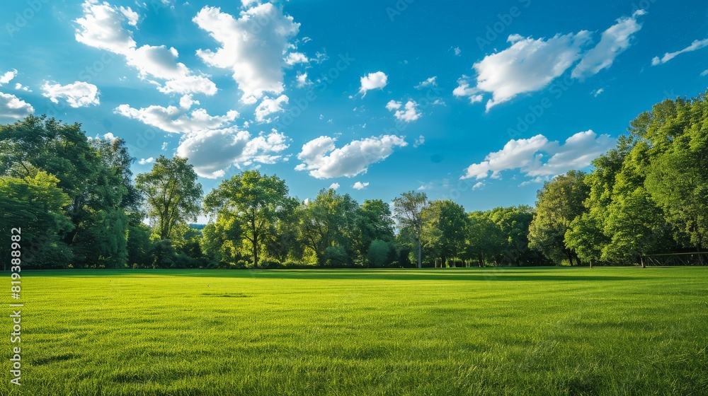 An open grassy field in a public park, with well-kept grass and a backdrop of mature trees and blue sky.