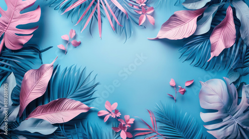 A blue background with pink and blue leaves. The leaves are arranged in a way that creates a sense of movement and flow. Scene is one of tranquility and serenity