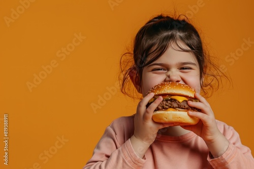 Cute little girl eatingjunk food. Happy childhood concept. Child with obesity. Overweight and obesity concept. Obesity Concept with Copy Space.  