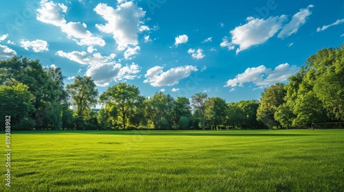 An open grassy field in a public park  with well-kept grass and a backdrop of mature trees and blue sky.