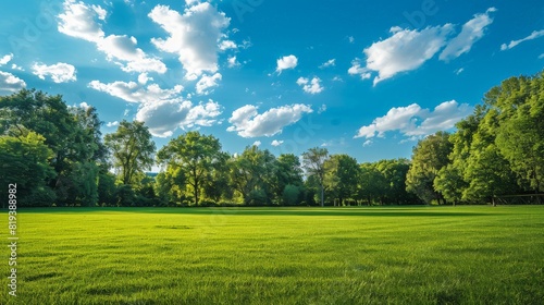 Obraz na płótnie An open grassy field in a public park, with well-kept grass and a backdrop of mature trees and blue sky. w salonie