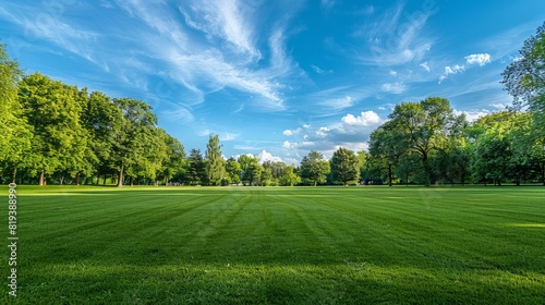 Fototapeta Naklejka Na Ścianę i Meble -  An open grassy field in a public park, with well-kept grass and a backdrop of mature trees and blue sky.