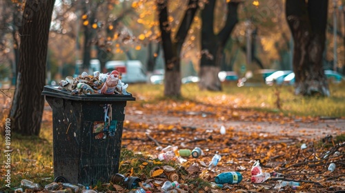 An overfilled trash can in a park, with rubbish strewn around it, showcasing the impact of inadequate waste collection. photo