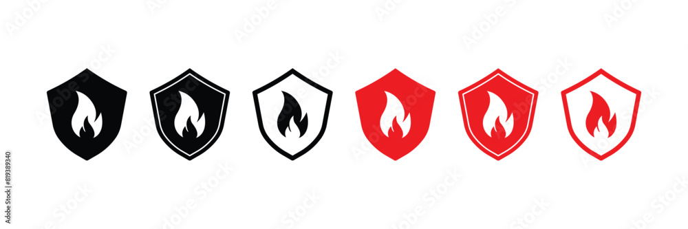 Set of Shield with fire icon. Protection from fire or fire protection or protect from heat icon. Vector Illustration. Set of Shield with fire icon. Protection from fire or fire protection or protect from heat icon. Vector Illustration.