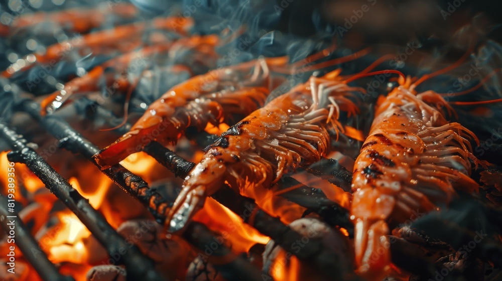 Close-up of juicy prawns sizzling on a grill, with a smoky aroma and a backdrop of glowing coals. Close-up of juicy prawns sizzling on a grill, with a smoky aroma and a backdrop of glowing coals.