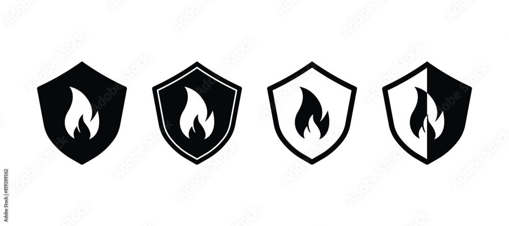 Set of Shield with fire icon. Protection from fire or fire protection or protect from heat icon. Vector Illustration. Set of Shield with fire icon. Protection from fire or fire protection or protect from heat icon. Vector Illustration.