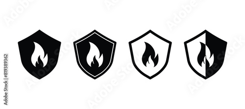 Set of Shield with fire icon. Protection from fire or fire protection or protect from heat icon. Vector Illustration.