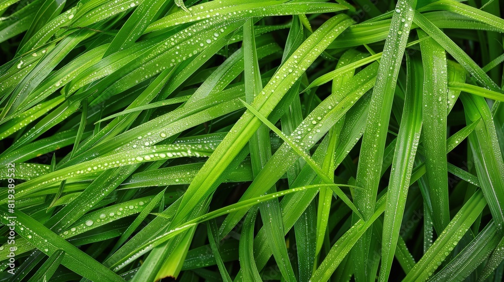 Close-up of vibrant green grass blades, dewdrops glistening in the early morning sunlight, creating a refreshing scene. Close-up of vibrant green grass blades, dewdrops glistening in the early morning sunlight, creating a refreshing scene.