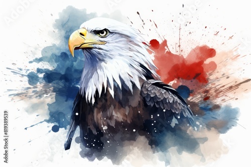 Bald eagle against patriotic 4th of July Independence Day background in profile view, USA symbol