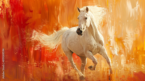 A white horse running in the style of a digital painting  with an orange and red background. The background is abstract with digital art details