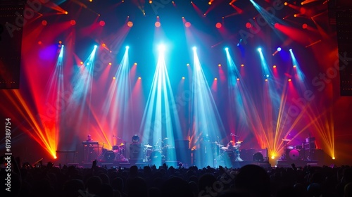 Dynamic concert lighting design, with vivid hues and intense beams of light accentuating the energy of the performance.