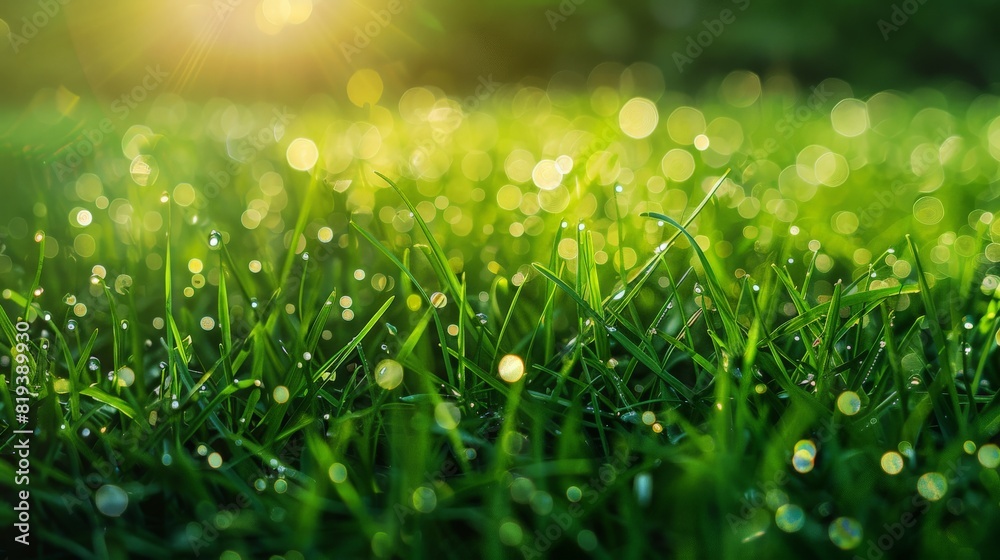 Fresh morning dew on lush green grass, with the sunlight creating a beautiful bokeh effect in the background. Fresh morning dew on lush green grass, with the sunlight creating a beautiful bokeh effect in the background.