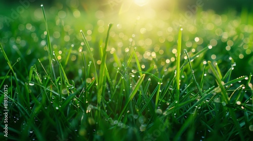 Morning sunlight illuminating dewdrops on fresh green grass, with each droplet shining like a tiny jewel.