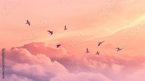 Silhouettes of birds flying across a tranquil morning sky with a subtle pink and orange backdrop.