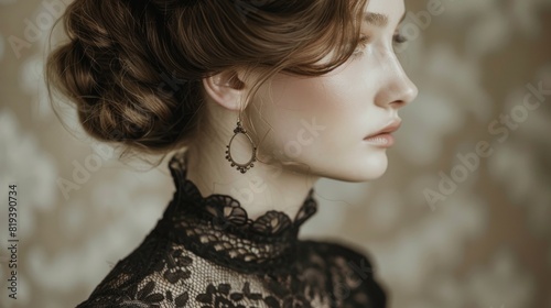 Portrait of a Beautiful Woman with Elegant Lace Dress and Earrings