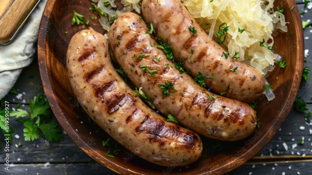 Top view of german bratwurst sausages with ssauerkraut Top view of german bratwurst sausages with ssauerkraut