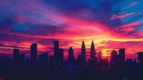 The vibrant colors of a morning sky over a cityscape, with skyscrapers silhouetted against the dawn.