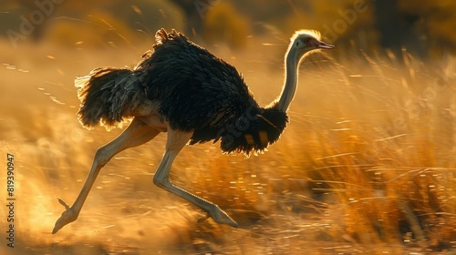 African Ostrich in the Golden Savanna Grasslands, Wildlife Scene in Africas Natural Habitat photo