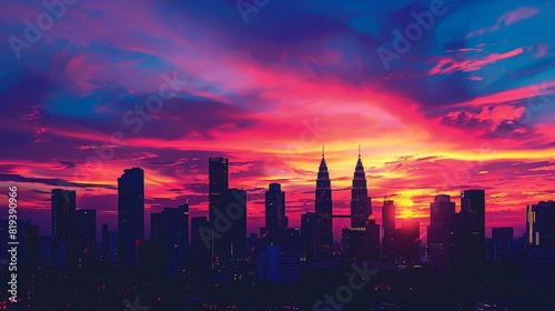 The vibrant colors of a morning sky over a cityscape, with skyscrapers silhouetted against the dawn.