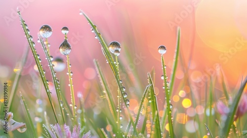 Tiny droplets of dew delicately perched on the tips of grass, reflecting the soft hues of dawn.