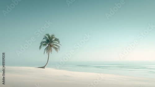 Serene Palm Tree on an Idyllic Beach with Calm Waters and Clear Blue Skies