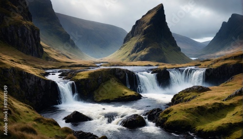 cinematisch aussehende landschaft mit traumhaften wasserfall, island, irland schottland