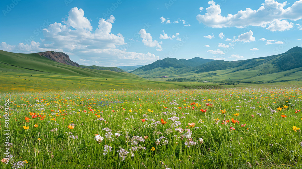 the vastness of lush green meadows stretching to the horizon, adorned with colorful wildflowers and a bright blue sky, showcasing the pristine beauty of untouched nature photographic