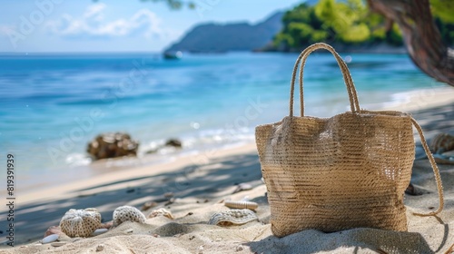 Tote bag on the sandy beach.