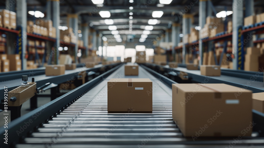 Boxes Moving on Conveyor Belt in Warehouse Boxes Moving on Conveyor Belt in Warehouse