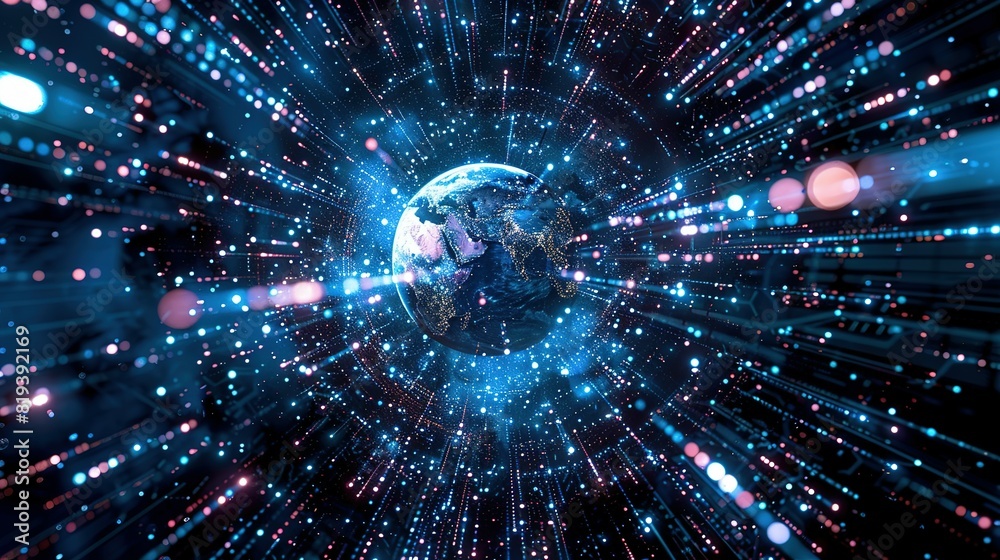 Digital world globe spinning out of control, illustrating the extreme speed of global networks and excessive connectivity on Earth, with super-fast data transfer and frenzied business transactions. Digital world globe spinning out of control, illustrating the extreme speed of global networks and excessive connectivity on Earth, with super-fast data transfer and frenzied business transactions.