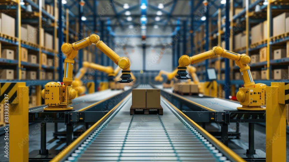An automated warehouse with robotic arms moving packages on conveyor belts