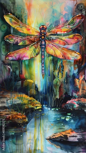 Whimsical dragonfly hovering over a tranquil pond, in vibrant watercolor © Pniuntg