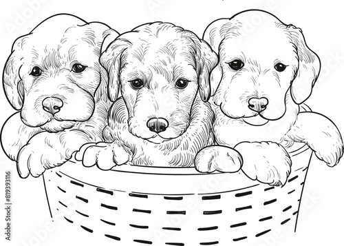 Vintage hand drawn sketch of three doodle puppies in basket