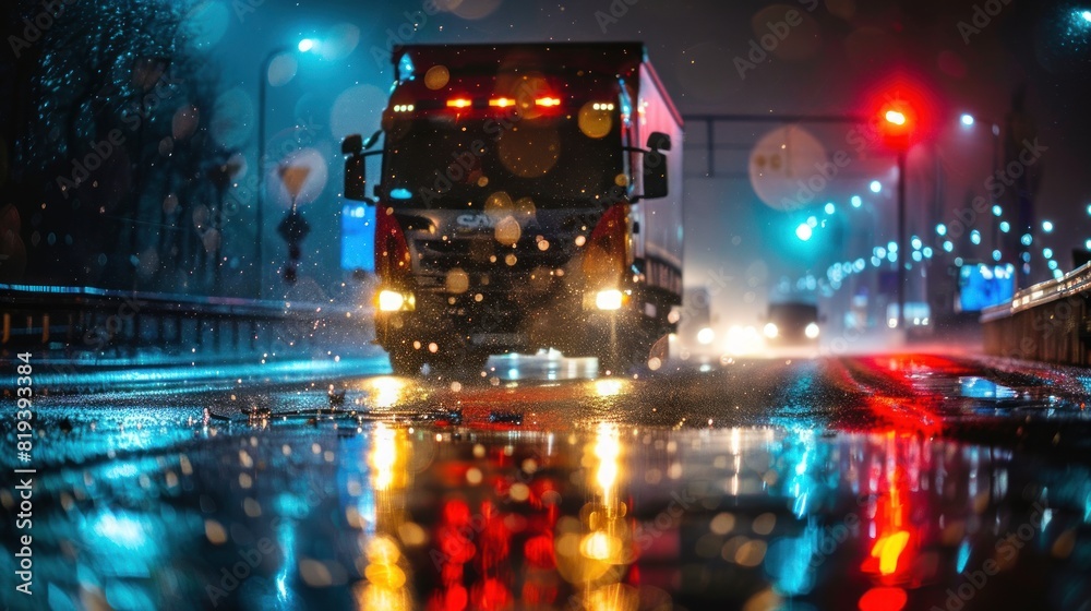 A truck accident scene at night with flashing emergency lights and rain-slicked roads 