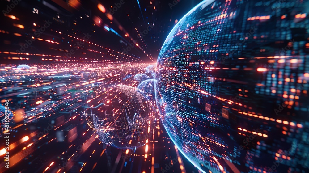 Obraz premium Digital world globe spinning out of control, illustrating the extreme speed of global networks and excessive connectivity on Earth, with super-fast data transfer and frenzied business transactions.