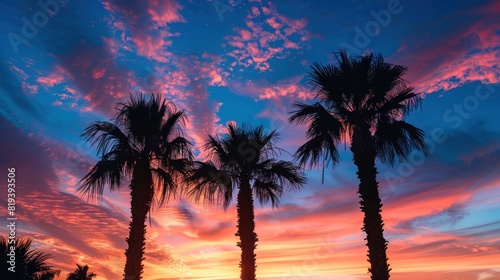 A tropical sunset or sunrise scene with palm trees silhouetted against colorful skies  providing ample space for inspirational quotes or vacation messages.