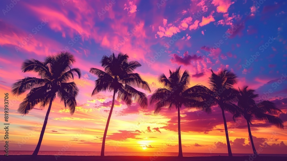 A tropical sunset or sunrise scene with palm trees silhouetted against colorful skies, providing ample space for inspirational quotes or vacation messages. 