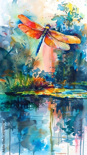 Whimsical dragonfly hovering over a tranquil pond, in vibrant watercolor