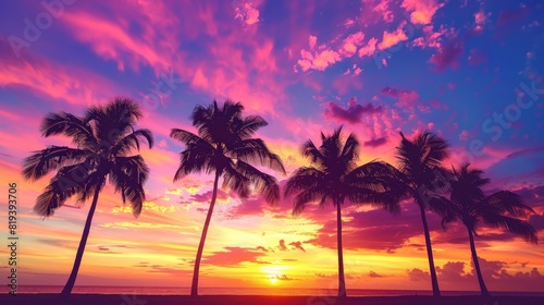 A tropical sunset or sunrise scene with palm trees silhouetted against colorful skies, providing ample space for inspirational quotes or vacation messages.  © Cambo27