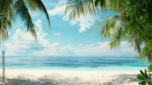 A tropical island scene with palm trees  white sand  and turquoise waters  leaving blank space in the foreground for customizable messages