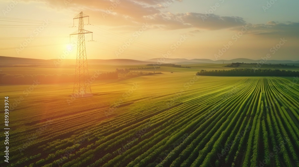 A transmission tower surrounded by fields of crops, highlighting the intersection of technology and agriculture A transmission tower surrounded by fields of crops, highlighting the intersection of technology and agriculture