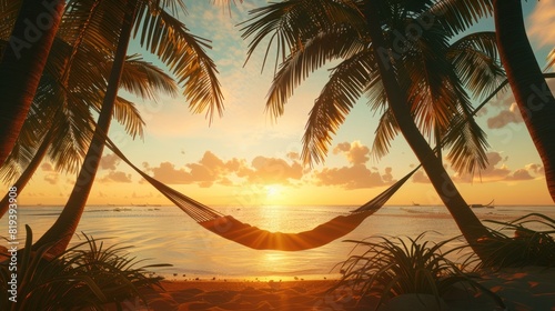 A tropical island scene with palm trees, hammocks, and a hammock, leaving space in the sky for adding inspirational quotes or messages about relaxation and rejuvenation