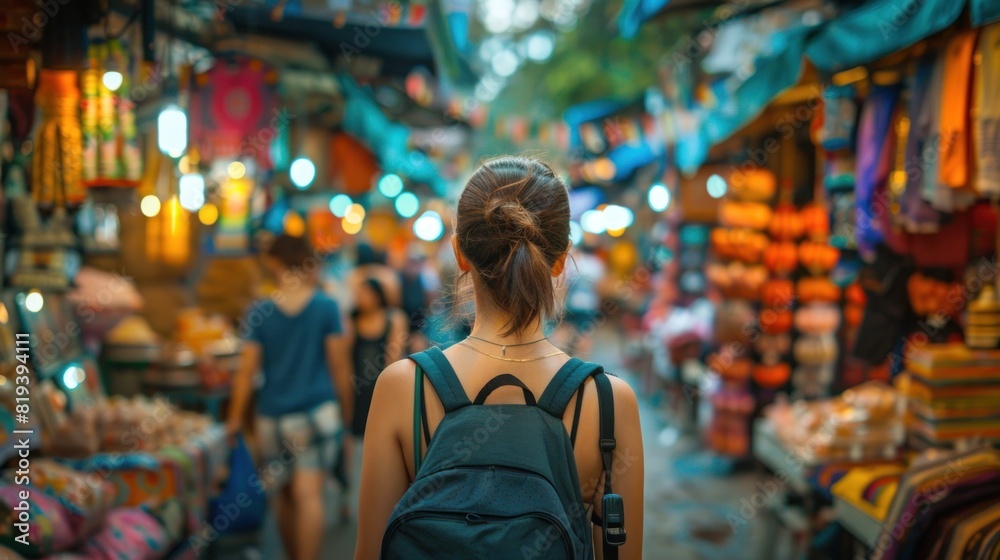 A solo traveler exploring a bustling market in a foreign city, surrounded by colorful stalls and the sounds of vendors calling out