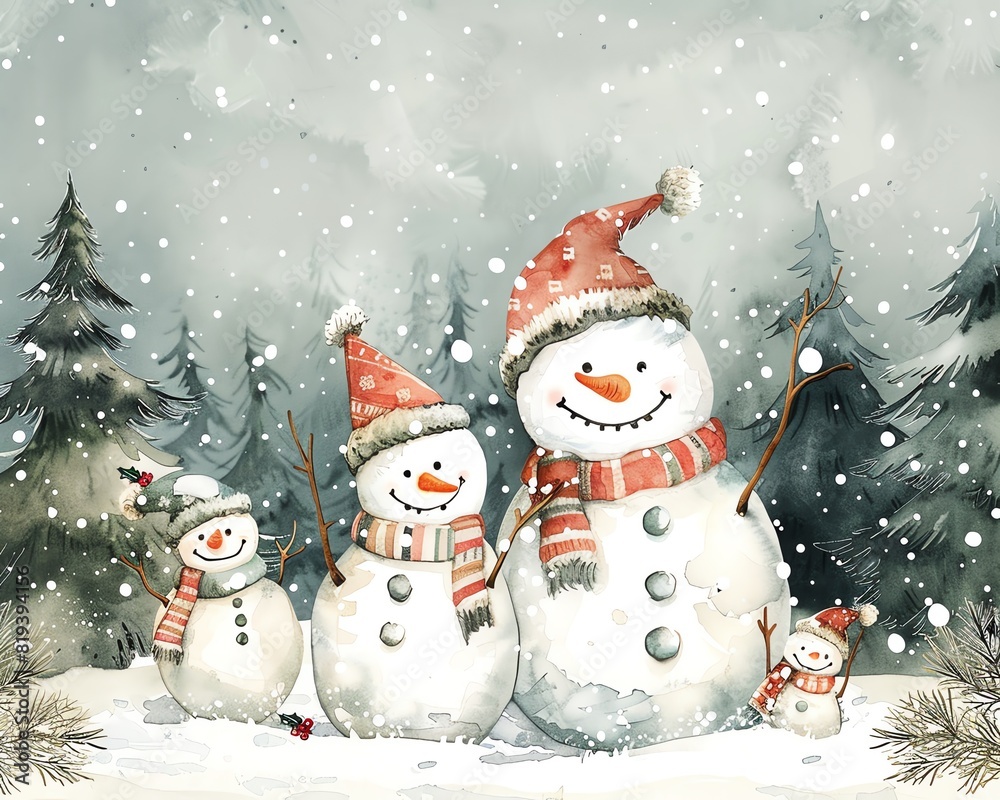 Whimsical snowman family in a snowy landscape, surrounded by pine trees and holiday cheer, in watercolor