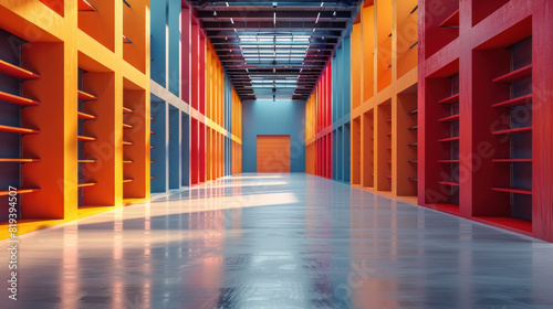 A long hallway with shelves of books in different colors. The colors are orange, red, and blue