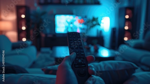Tv online. Television streaming video. Male hand holding TV remote control. Multimedia streaming concept photo