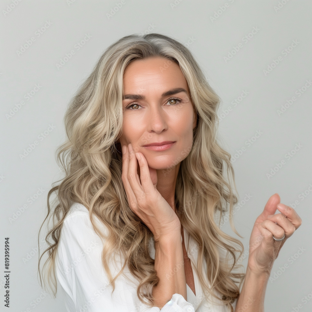 A beautiful, mature woman with long, wavy blonde hair is gently touching her face and looking confidently at the camera against a white background A beautiful, mature woman with long, wavy blonde hair is gently touching her face and looking confidently at the camera against a white background
